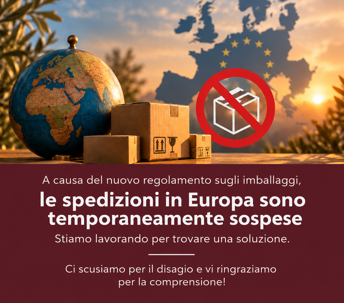 AVVISO IMPORTANTE  A causa della nuova normativa europea sugli imballaggi, le spedizioni verso l’UE sono temporaneamente sospese.  Stiamo lavorando per trovare una soluzione. Ci scusiamo per il disagio e grazie per la comprensione.